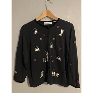 Vintage Marisa Christina Cardigan Womens XL Black Dog Floral 90s FLAW READ